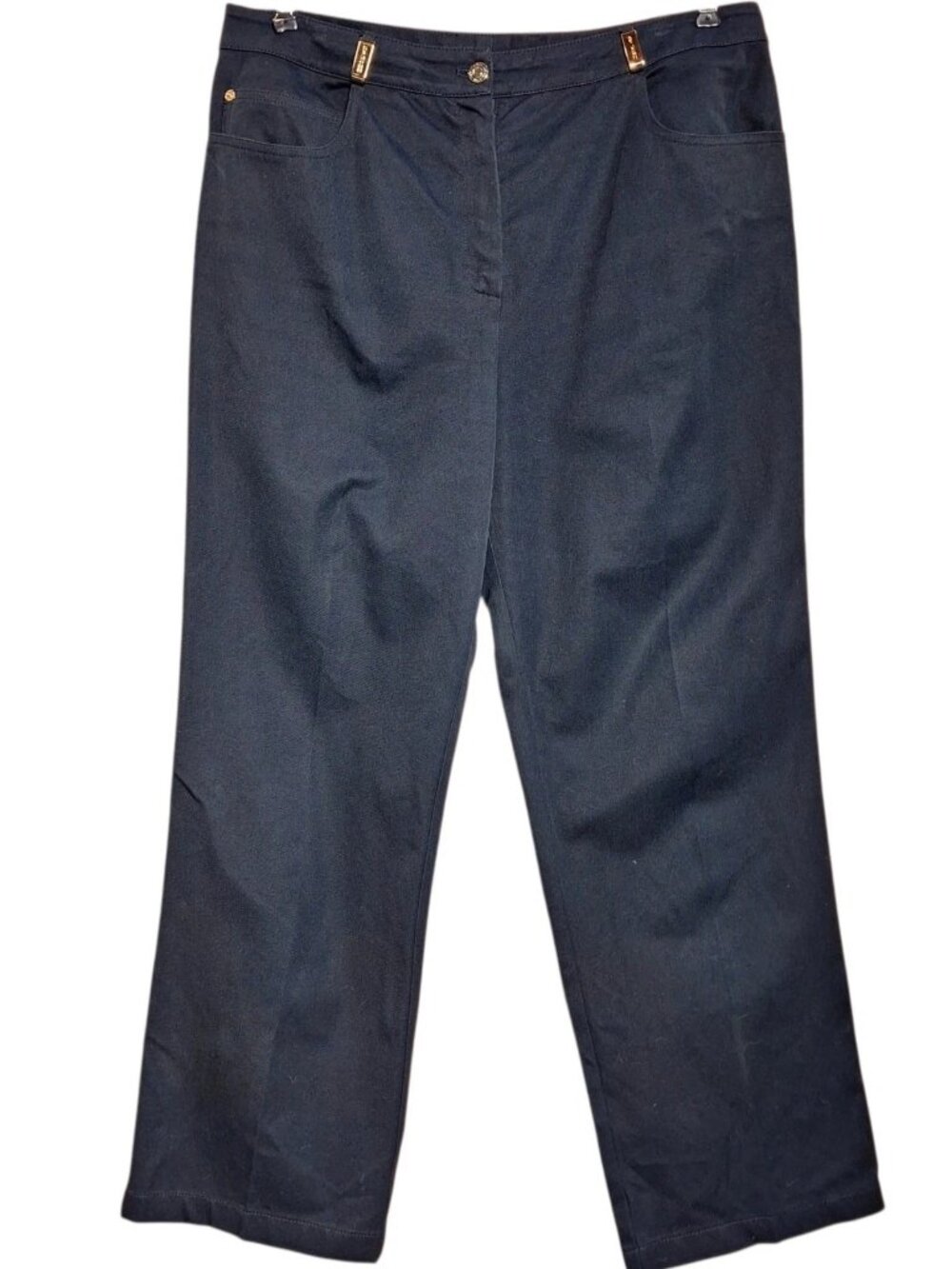 St. John Couture wide leg black twill stretch logo pants/jeans hard to find 16